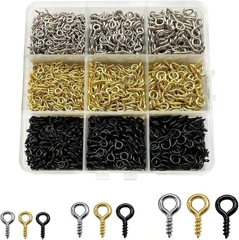 Screw Eye Pins 2010 Pcs, Screw Eye Hooks, Self Tapping Eye Bolts for Hanging DIY Craft, 3 Sizes (1x4x8mm,1.2x5x10mm,1.2x6x12mm), Black,Gold,Silver in Saudi Arabia