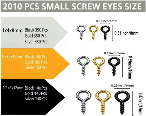 Screw Eye Pins 2010 Pcs, Screw Eye Hooks, Self Tapping Eye Bolts for Hanging DIY Craft, 3 Sizes (1x4x8mm,1.2x5x10mm,1.2x6x12mm), Black,Gold,Silver in Saudi Arabia