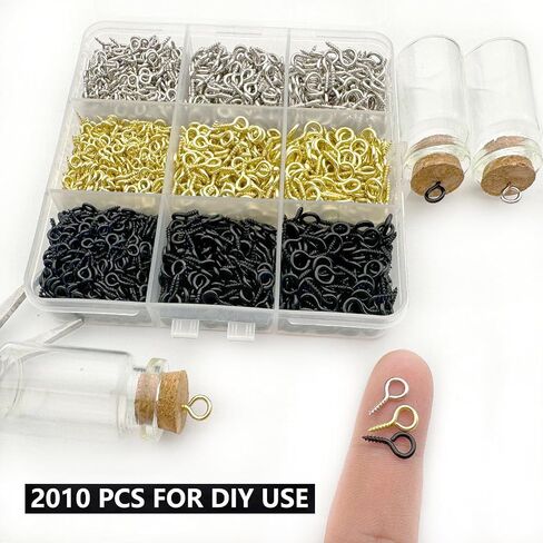 Screw Eye Pins 2010 Pcs, Screw Eye Hooks, Self Tapping Eye Bolts for Hanging DIY Craft, 3 Sizes (1x4x8mm,1.2x5x10mm,1.2x6x12mm), Black,Gold,Silver in Saudi Arabia