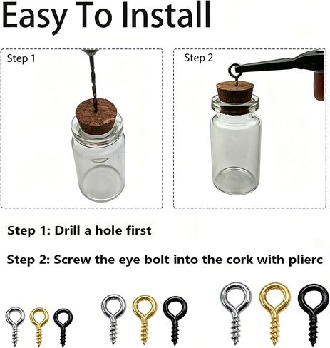 Screw Eye Pins 2010 Pcs, Screw Eye Hooks, Self Tapping Eye Bolts for Hanging DIY Craft, 3 Sizes (1x4x8mm,1.2x5x10mm,1.2x6x12mm), Black,Gold,Silver in Saudi Arabia