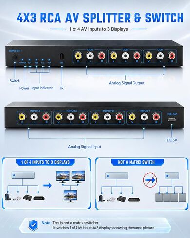 صندوق تبديل RCA 4 في 3 مخرج: 4 مخرج AV Splitter 3 مع جهاز تحكم عن بعد لتوزيع الصوت والفيديو، صندوق تحديد الصوت المركب للفيديو L/R لوحدات تحكم ألعاب DVD STB in Kuwait