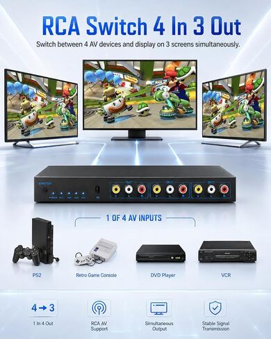 صندوق تبديل RCA 4 في 3 مخرج: 4 مخرج AV Splitter 3 مع جهاز تحكم عن بعد لتوزيع الصوت والفيديو، صندوق تحديد الصوت المركب للفيديو L/R لوحدات تحكم ألعاب DVD STB in Kuwait