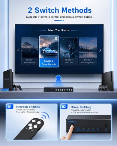 صندوق تبديل RCA 4 في 3 مخرج: 4 مخرج AV Splitter 3 مع جهاز تحكم عن بعد لتوزيع الصوت والفيديو، صندوق تحديد الصوت المركب للفيديو L/R لوحدات تحكم ألعاب DVD STB in Kuwait