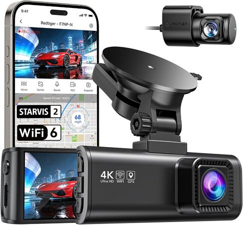 ريد تايجر كاميرا داش كام امامية وخلفية 4K/2.5K FHD مع شاشة IPS 3.2 انش وواي فاي ونظام تحديد المواقع والرؤية الليلية وتسجيل حلقة بزاوية عريضة 170 درجة WDR، بطاقة مجانية 32GB in Kuwait