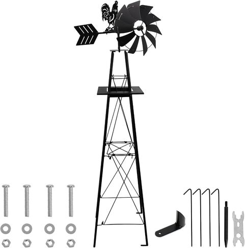 6FT Windmill for Yard, Black Garden Windmill with Rooster Weather Vane in Kuwait