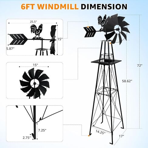 6FT Windmill for Yard, Black Garden Windmill with Rooster Weather Vane in Kuwait