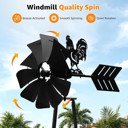6FT Windmill for Yard, Black Garden Windmill with Rooster Weather Vane in Kuwait