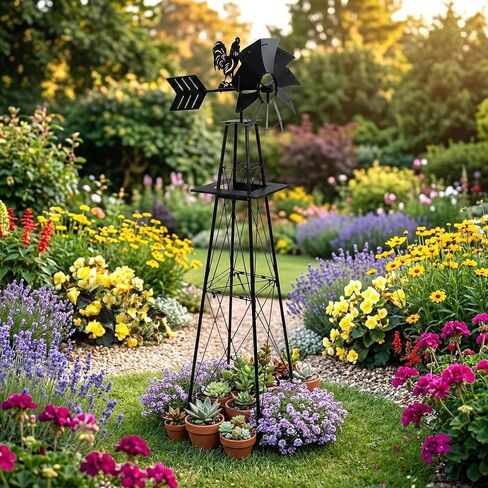 6FT Windmill for Yard, Black Garden Windmill with Rooster Weather Vane in Kuwait