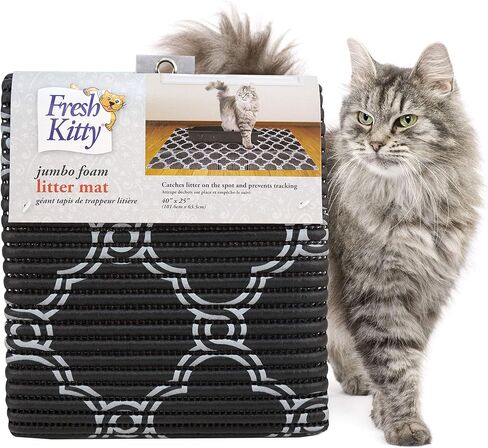 Fresh Kitty Durable XL Jumbo Foam Litter Box Mat – No Phthalate, Water Resistant, Traps Litter from Box, Scatter Control, Easy Clean Mats – Black & White 40"x 25", Black/White Quatrefoil (9036) in Saudi Arabia