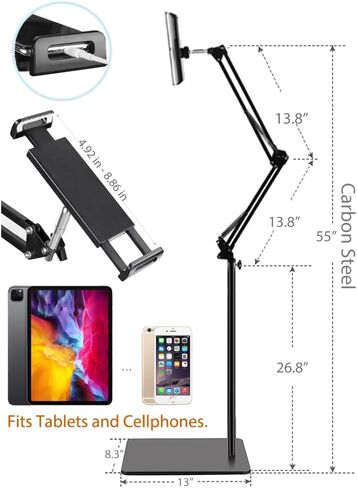 BluuSuuk Tablet Floor Stand with Double Weight Base, Overhead Bed Phone Mount Height Adjustable Arm Stretchable Stand Holder, Compatible with iPad Mini Air Pro, Galaxy Tab, Kindle, Switch, Cell Phones in Kuwait
