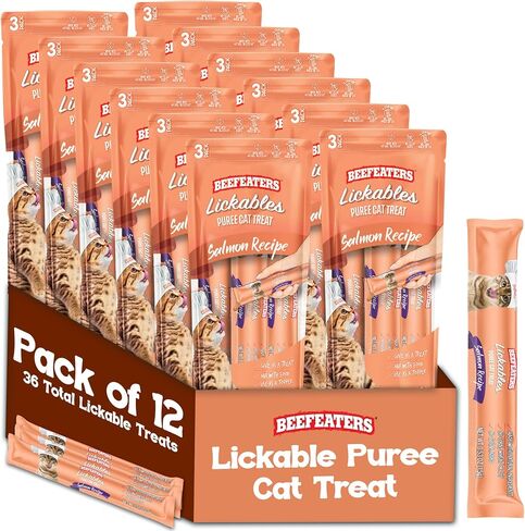 Beefeaters Lickable Cat Treats 48 Count – Puree Squeeze Up Tubes Variety Pack (Salmon, Tuna & Chicken) | Grain Free, Taurine Enriched, High Moisture for Picky Eaters | Cat Treat Topper or Snack in Kuwait