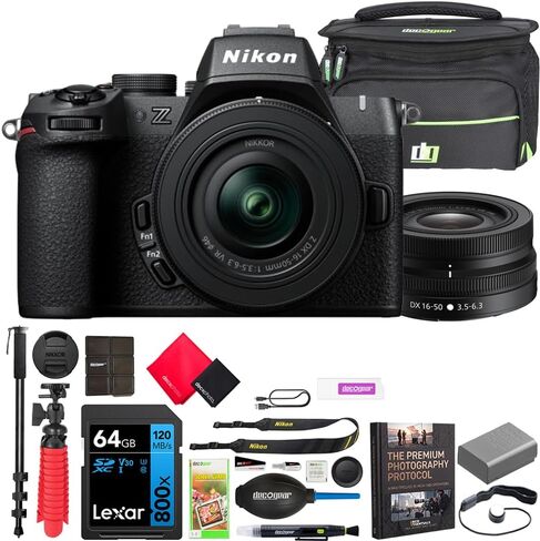 Nikon Z50 Mirrorless Camera Body 4K UHD DX-Format 2 Lens Kit NIKKOR Z DX 16-50mm F/3.5-6.3 VR + Z DX 50-250mm F/4.5-6.3 VR Bundle with Deco Gear Case + Microphone + Monopod + 64GB Card & Accessories in Kuwait