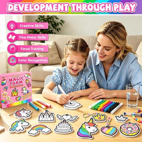 Magic Foam 3D Art Kit-15pcs Unicorns & Princesses Keychain Making kit, Mess-Free Arts & Crafts for Kids, Party Favors ,Travel Toys Activities,Birthday Gifts for Girls Boys Ages 4, 5, 6, 7, 8, 9, 10 in Kuwait