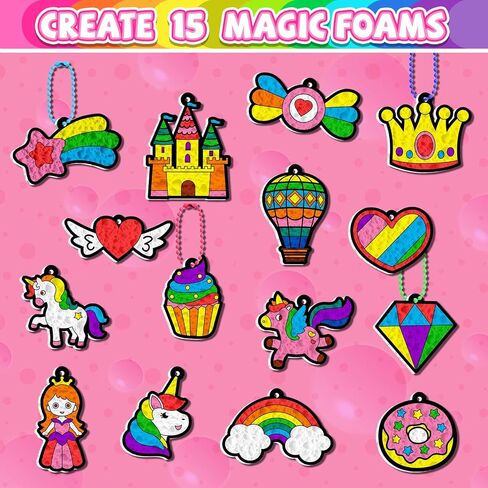 Magic Foam 3D Art Kit-15pcs Unicorns & Princesses Keychain Making kit, Mess-Free Arts & Crafts for Kids, Party Favors ,Travel Toys Activities,Birthday Gifts for Girls Boys Ages 4, 5, 6, 7, 8, 9, 10 in Kuwait