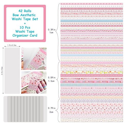42 Rolls Bow Aesthetic Washi Tape Set with 10 Organizer Cards, Cute Pink Decorative Masking Tape for Journaling, Scrapbooking, Planners, Junk Journal, Gift Wrapping, DIY Crafts and Stationery Supplies in Kuwait