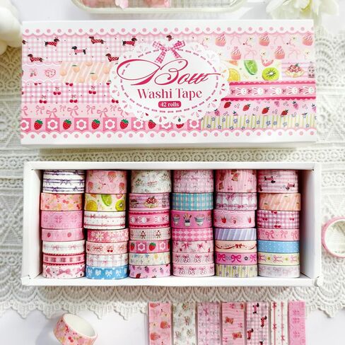 42 Rolls Bow Aesthetic Washi Tape Set with 10 Organizer Cards, Cute Pink Decorative Masking Tape for Journaling, Scrapbooking, Planners, Junk Journal, Gift Wrapping, DIY Crafts and Stationery Supplies in Kuwait