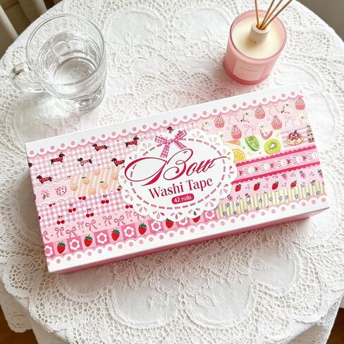 42 Rolls Bow Aesthetic Washi Tape Set with 10 Organizer Cards, Cute Pink Decorative Masking Tape for Journaling, Scrapbooking, Planners, Junk Journal, Gift Wrapping, DIY Crafts and Stationery Supplies in Kuwait