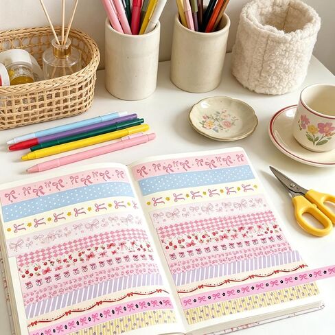 42 Rolls Bow Aesthetic Washi Tape Set with 10 Organizer Cards, Cute Pink Decorative Masking Tape for Journaling, Scrapbooking, Planners, Junk Journal, Gift Wrapping, DIY Crafts and Stationery Supplies in Kuwait