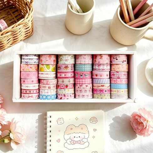 42 Rolls Bow Aesthetic Washi Tape Set with 10 Organizer Cards, Cute Pink Decorative Masking Tape for Journaling, Scrapbooking, Planners, Junk Journal, Gift Wrapping, DIY Crafts and Stationery Supplies in Kuwait