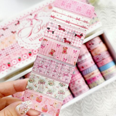 42 Rolls Bow Aesthetic Washi Tape Set with 10 Organizer Cards, Cute Pink Decorative Masking Tape for Journaling, Scrapbooking, Planners, Junk Journal, Gift Wrapping, DIY Crafts and Stationery Supplies in Kuwait