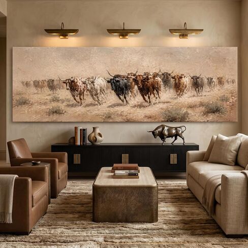 TAILORED CANVASES Longhorn Dust Trail Canvas Wall Art, Texas Western, 20x60 in Kuwait