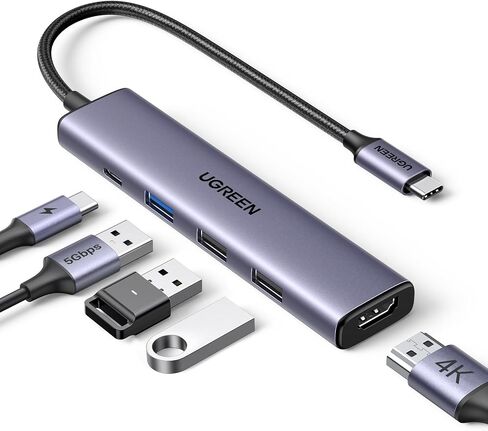 UGREEN USB C Hub 5 في 1 محول USB متعدد المنافذ 4K HDMI، توصيل طاقة 100 وات | 3 منافذ بيانات USB-A، دونجل USB C، متوافق مع MacBook Pro/Air M5/M4/M3/M2/M1، iPad Pro، iMac، iPhone 17 Pro/Pro Max in Kuwait