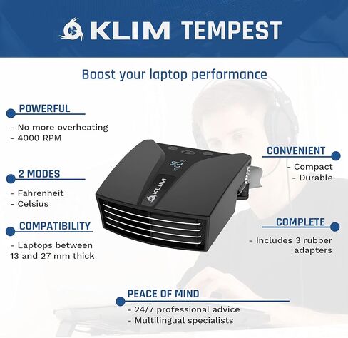 KLIM Tempest Laptop Cooler with Vacuum Fan - New 2023 - Gaming Laptop fan with Display - Temperature Detection + Automatic/Manual Mode - 4000 RPM - Portable - Compatible with Laptop Cooling Pads in Saudi Arabia