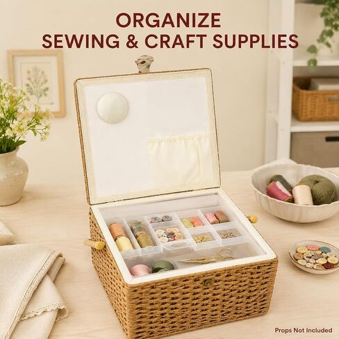 Large Sewing Basket Organizer with Tray, Portable Woven Sewing Box in Saudi Arabia