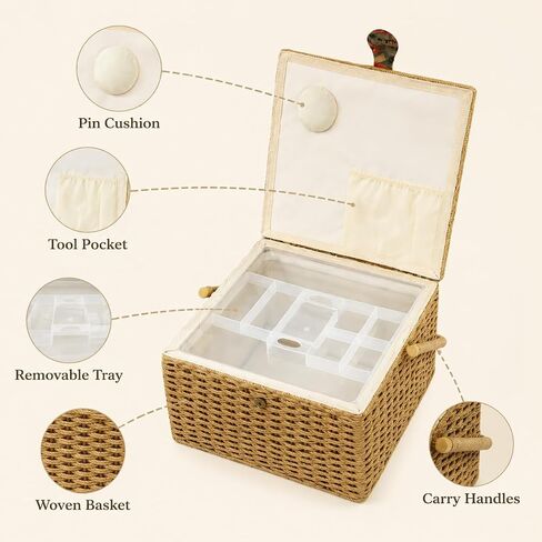 Large Sewing Basket Organizer with Tray, Portable Woven Sewing Box in Saudi Arabia