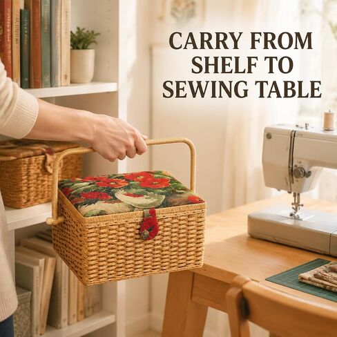 Large Sewing Basket Organizer with Tray, Portable Woven Sewing Box in Saudi Arabia
