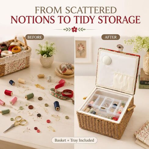 Large Sewing Basket Organizer with Tray, Portable Woven Sewing Box in Saudi Arabia