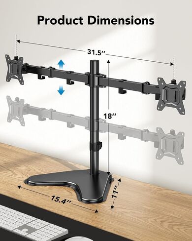 HUANUO Dual Monitor Stand, 32 inch Free Standing Monitor Desk Mount, Fully Adjustable Dual Monitor Arm with Vesa Mount 100x100 Max, Computer Monitor Desk Stands for 2 Monitors, Black, HNCM1 in Kuwait