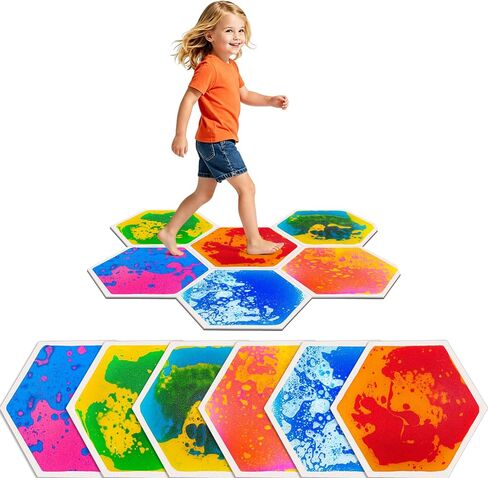 Liquid Sensory Floor Tiles for Kids 3+, Hexagon Step-On Play Mats, 6 Pack in Kuwait