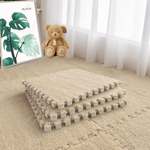 16pcs 0.6" Thickened Interlocking Tile Mats,Fluffy Shaggy Soft EVA Foam Area Rug for Living Room & Bedroom,Non-Slip Protective Floor Carpet Play Mat Kids Baby Dorm Home Decor (11.8ft, Khaki) in Kuwait