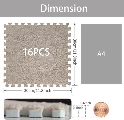 16pcs 0.6" Thickened Interlocking Tile Mats,Fluffy Shaggy Soft EVA Foam Area Rug for Living Room & Bedroom,Non-Slip Protective Floor Carpet Play Mat Kids Baby Dorm Home Decor (11.8ft, Khaki) in Kuwait