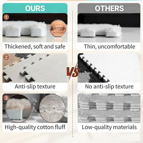 16pcs 0.6" Thickened Interlocking Tile Mats,Fluffy Shaggy Soft EVA Foam Area Rug for Living Room & Bedroom,Non-Slip Protective Floor Carpet Play Mat Kids Baby Dorm Home Decor (11.8ft, Khaki) in Kuwait