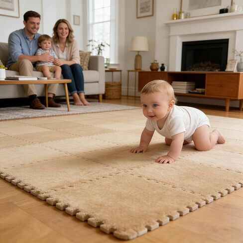 16pcs 0.6" Thickened Interlocking Tile Mats,Fluffy Shaggy Soft EVA Foam Area Rug for Living Room & Bedroom,Non-Slip Protective Floor Carpet Play Mat Kids Baby Dorm Home Decor (11.8ft, Khaki) in Kuwait