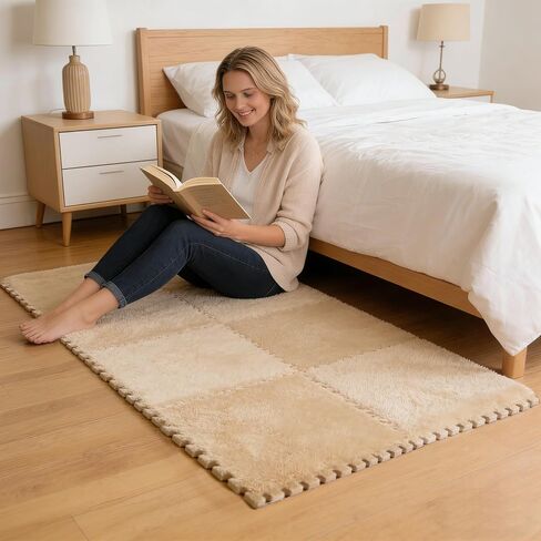 16pcs 0.6" Thickened Interlocking Tile Mats,Fluffy Shaggy Soft EVA Foam Area Rug for Living Room & Bedroom,Non-Slip Protective Floor Carpet Play Mat Kids Baby Dorm Home Decor (11.8ft, Khaki) in Kuwait