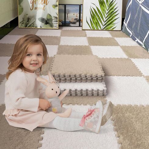 16pcs 0.6" Thickened Interlocking Tile Mats,Fluffy Shaggy Soft EVA Foam Area Rug for Living Room & Bedroom,Non-Slip Protective Floor Carpet Play Mat Kids Baby Dorm Home Decor (11.8ft, Khaki) in Kuwait