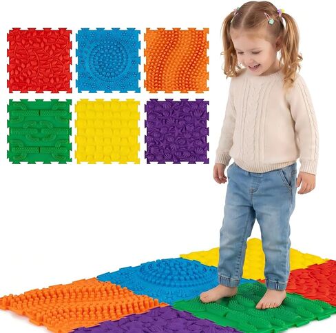 HONEY JOY 6 PCS Tactile Sensory Mats for Kids & Adults, Interlocking Puzzle Floor Tiles with Rich Colors & Embossed Nature Patterns, Soft Massage Textured Mats for Children with Autism in Kuwait