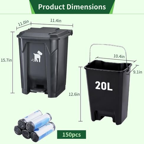 Pet Waste Container - 20L Outdoor Dog Poop Trash Bin with Removable Inner Bin, 150 Waste Bags for Small/Large Dog Families in Saudi Arabia
