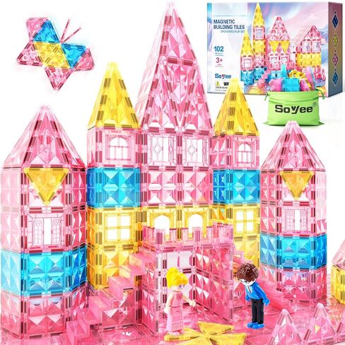 Magnetic Tiles 102pcs with 2 Stairs 2 Dolls Princess Castle Building Toys in Kuwait