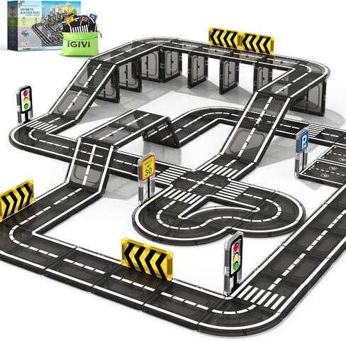 104 PCS Magnetic Tiles Road Set, STEM Magnet Toys Gift for 3+ Year Old Boys in Saudi Arabia