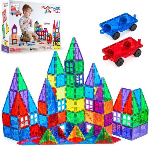 Magnetic Tiles for Kids 100-Piece Set, STEM Educational Building Blocks, Includes 2 Cars & Click-in ABC Learning Tiles, Gift for Boys & Girls, Magnetic Figures & 2 or 4 Car Set Add-Ons Available in Kuwait