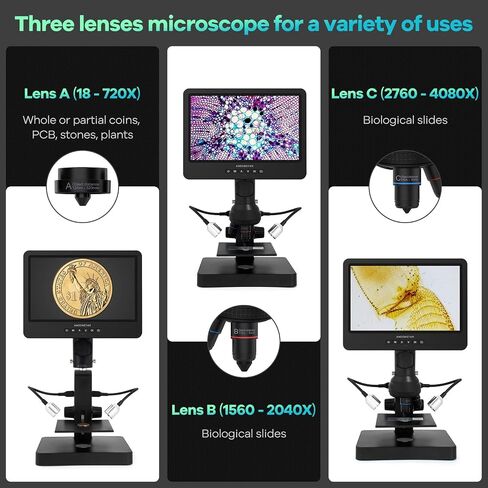 Andonstar AD249-P 10.1 Inch Digital Microscope, Coin Microscope for Error Coins Whole Coins, 1000x 3 Lens 1080P FHD Video Record, Biological Microscope Kit for Adults and Kids, Prepred Slides in Saudi Arabia