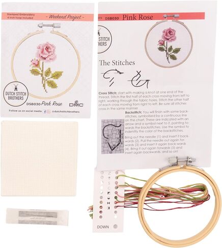 DUTCH STITCH BROTHERS - Rose Counted Cross Stitch 4" Hoop and Pattern Included - Cross Stitching Kits for Adults Advanced and Beginners in Kuwait