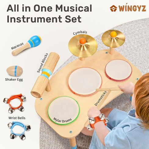 Wingyz Kids Drum Set, 11-in-1 Wooden Musical Instruments for Toddlers in Saudi Arabia