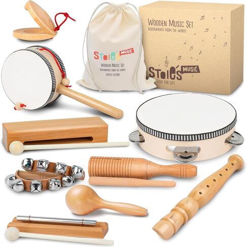 Stoie’s Wooden Musical Instruments for Kids Ages 3+, Montessori Music Toy Set for Kids with Drum, Tambourine, Maracas, Bells & Flute, Educational Preschool Toys for Boys & Girls in Kuwait