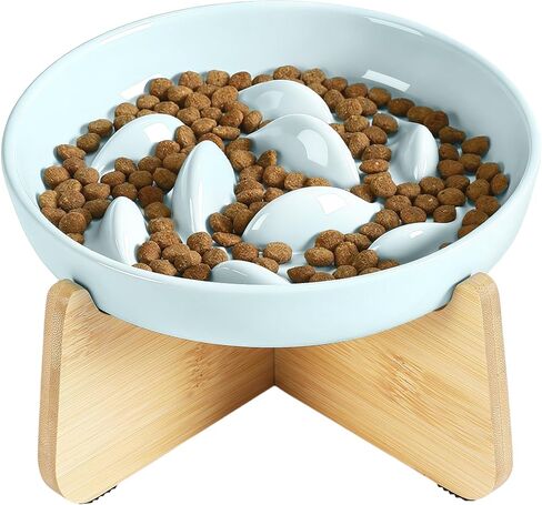 PETTOM Slow Feeder Cat Bowl Elevated Ceramic with Bamboo Stand, White Fish in Kuwait