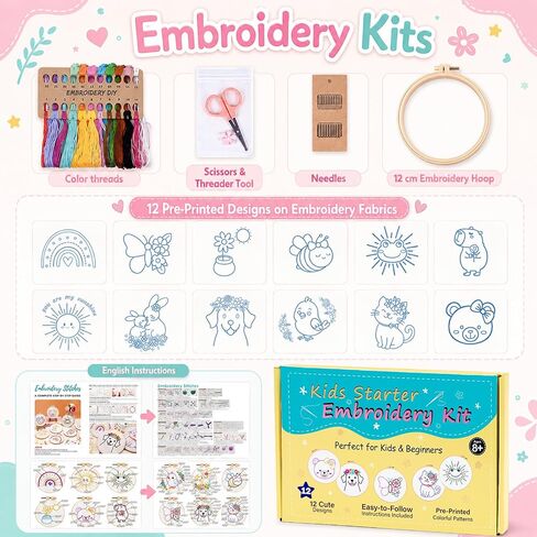 Nuberlic 12 Pcs Embroidery Kit for Kids with Step-By-Step Guidance Ages 8+ in Saudi Arabia